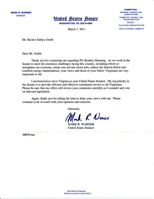 Letter from Senator Warner